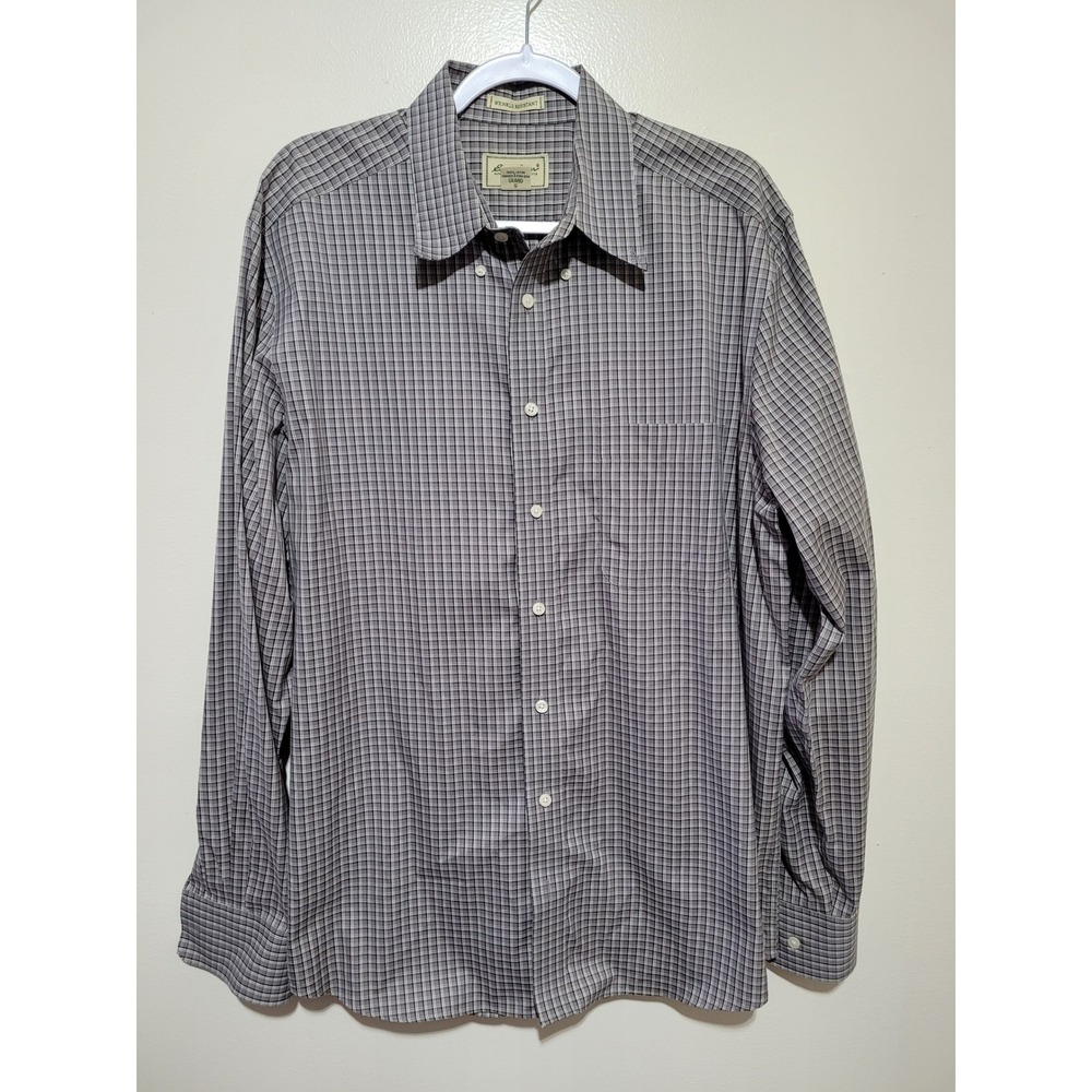 Eddie Bauer Button Down Shirt Mens Large Tall Grey Plaid Wrinkle Resist